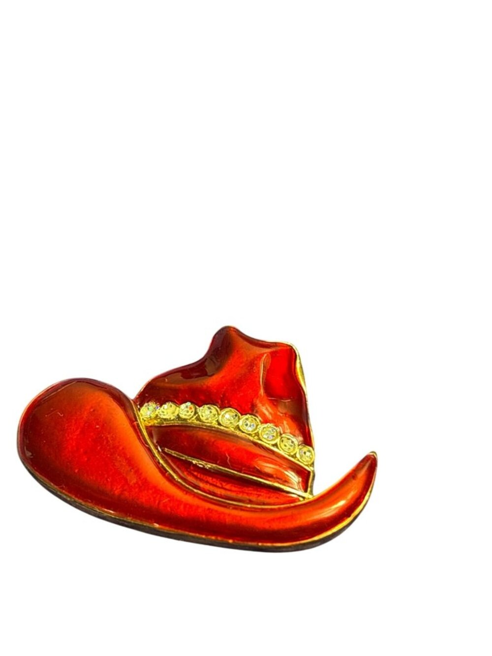 Vintage Red Enamel Cowboy Hat Brooch Pin Glitter Goldtone 2 inches